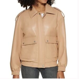 Levi Beige Tan Faux Leather Zip Up Jacket